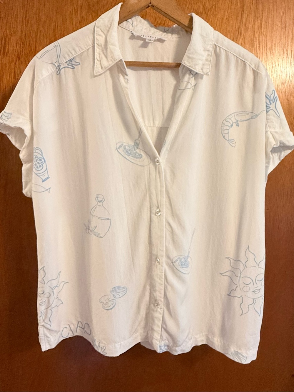 Jane and Delancey White Button-Down Shirt with Pale Blue Motifs